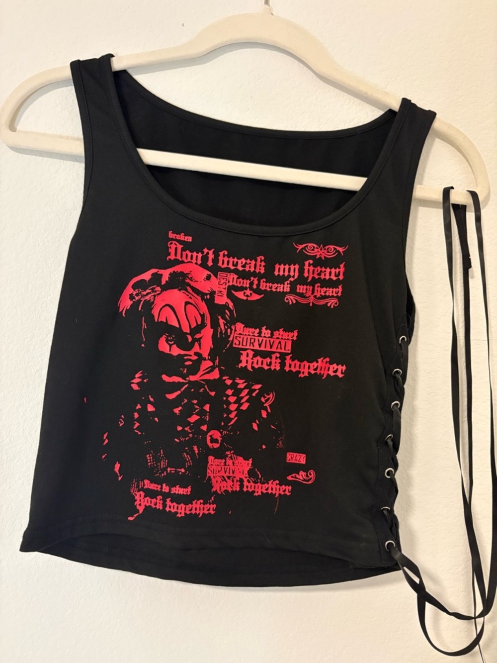 ROMWE Black Tank Top with Red Graphic and Side Lace-Up